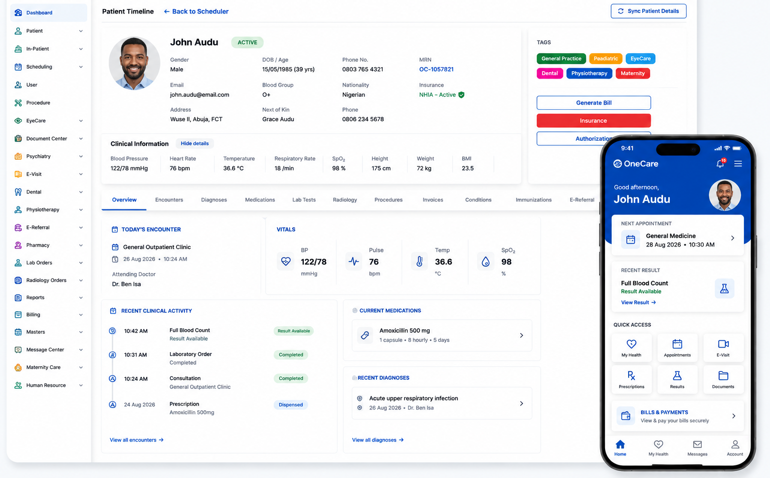 OneCare clinical dashboard showing a patient timeline — vitals, encounters, medications and diagnoses — alongside the OneCare mobile app on a connected patient record.