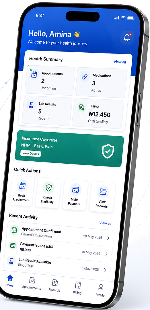 OneCare patient mobile app home screen greeting Amina, showing a Health Summary (2 upcoming appointments, 3 active medications, 5 recent lab results, ₦12,450 outstanding billing), NHIA insurance coverage, Quick Actions, and Recent Activity.